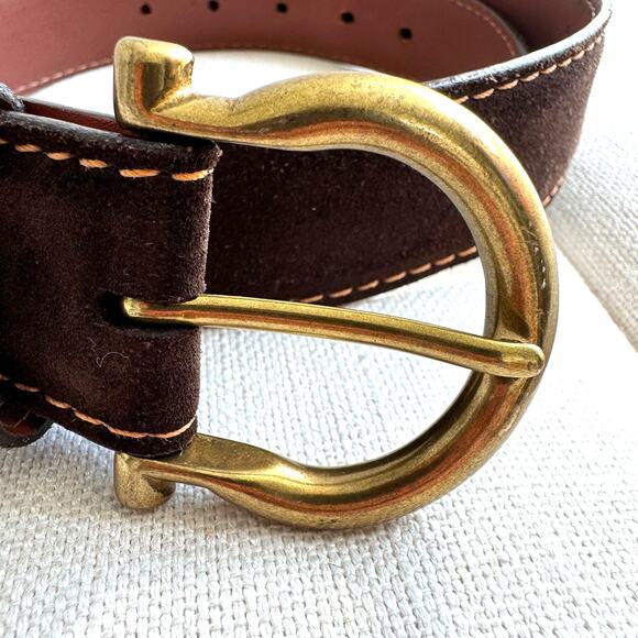 J. Hilburn Men's Brown Suede Orange Contrast Stitch Brass Buckle Belt Size 34 - Picture 7 of 10